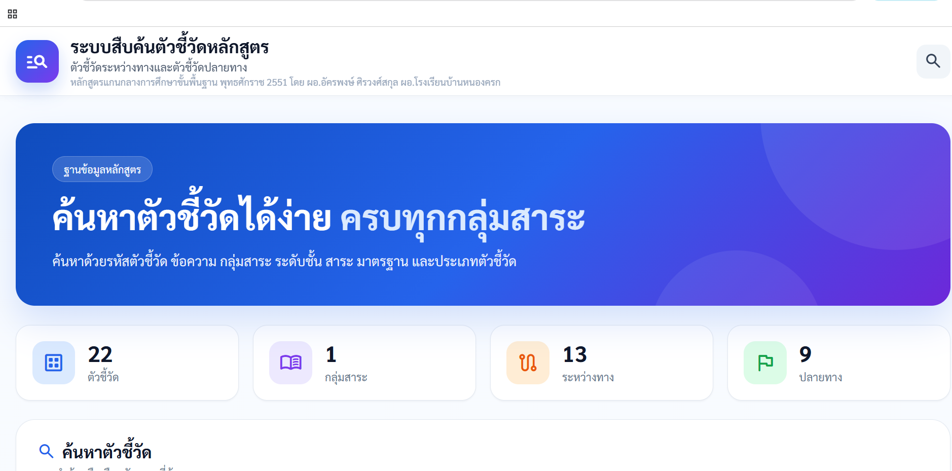 สืบค้นตัวชี้วัด หลักสูตรแกนกลางการศึกษาขั้นพื้นฐาน พุทธศักราช 2551